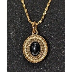 Faux Onyx Oval Pendant with White Seed Bead Accents Vintage Avon